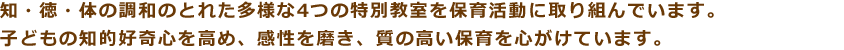 知・徳・体の調和のとれた多様な4つの特別教室を保育活動に取り組んでいます。
		子どもの知的好奇心を高め、感性を磨き、質の高い保育を心がけています。